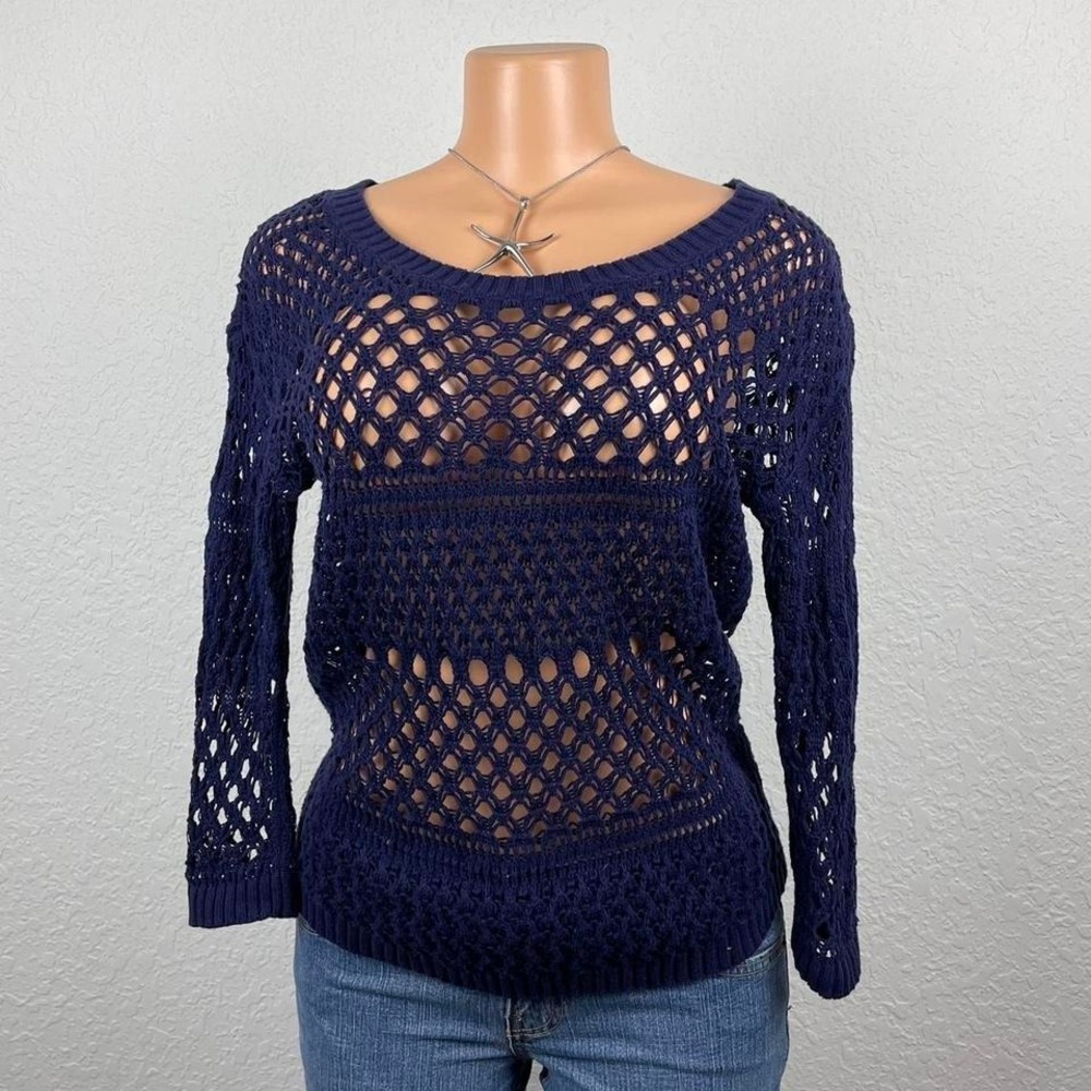 Y2K‎ Navy Open-Knit Crochet Sweater | Sheer Long Sleeve | 2000s Layering Top